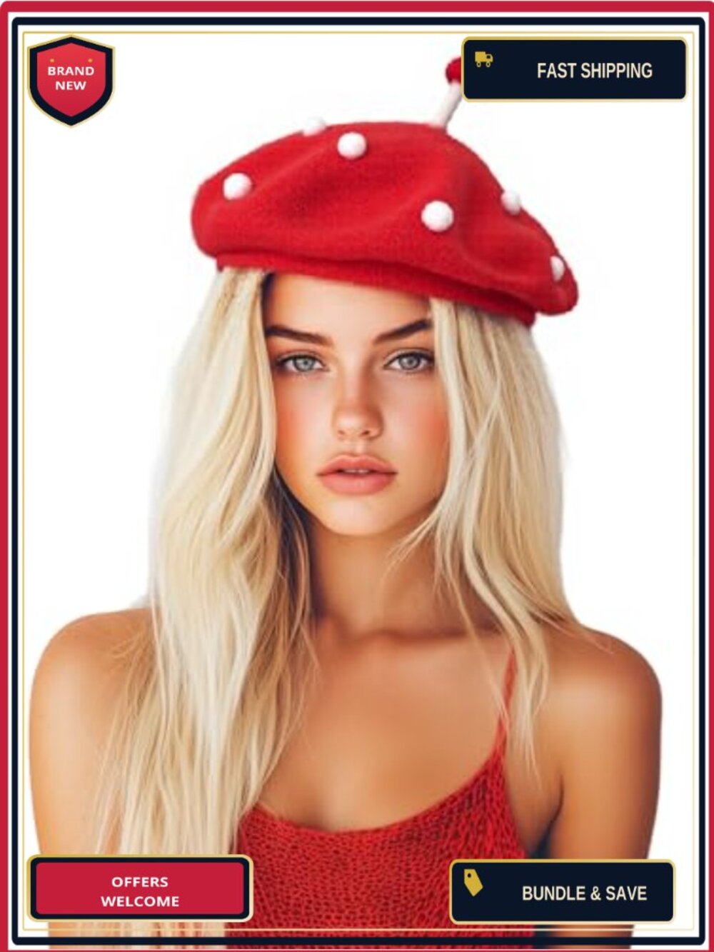 Knit Spotted Beret with 3D Felt Mushroom Decoration
